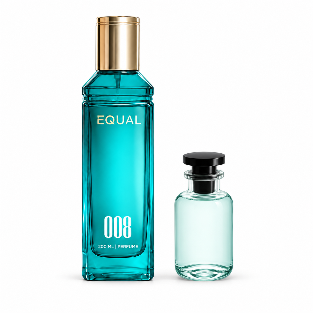 عطر EQUAL 008 بحجم ٢٠٠ مل بجانب زجاجة مرجعية دون شعار