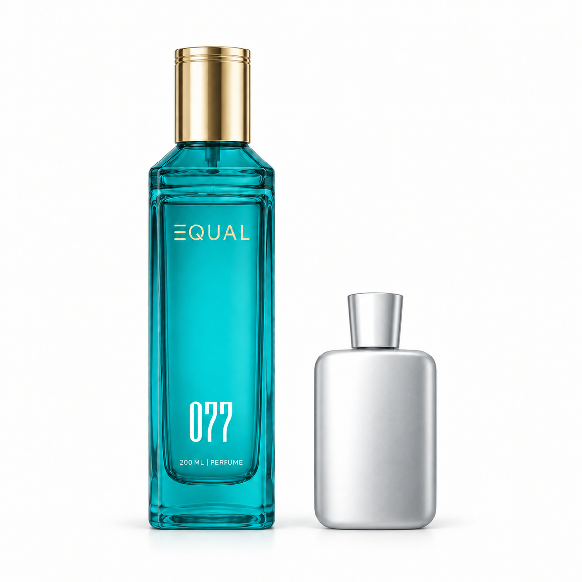 عطر EQUAL 077 بحجم ٢٠٠ مل بجانب زجاجة مرجعية دون شعار